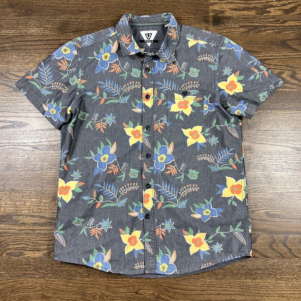 VISSLA Gray Floral Short-Sleeve Button-Down Shirt